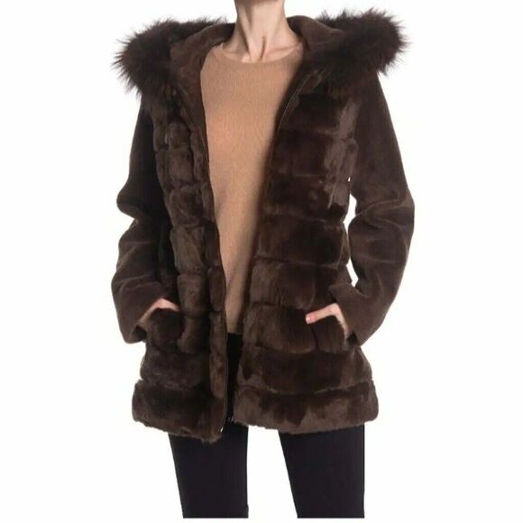 NWOT Blue Duck  | Luxury Brown Coat Hooded Lamb Fox Rabbit Fur Trim Small - Picture 1 of 13